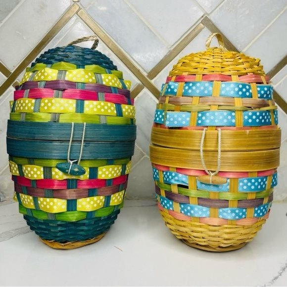 2 vintage woven jute reed closing egg basket Easter decoration - Picture 2 of 4